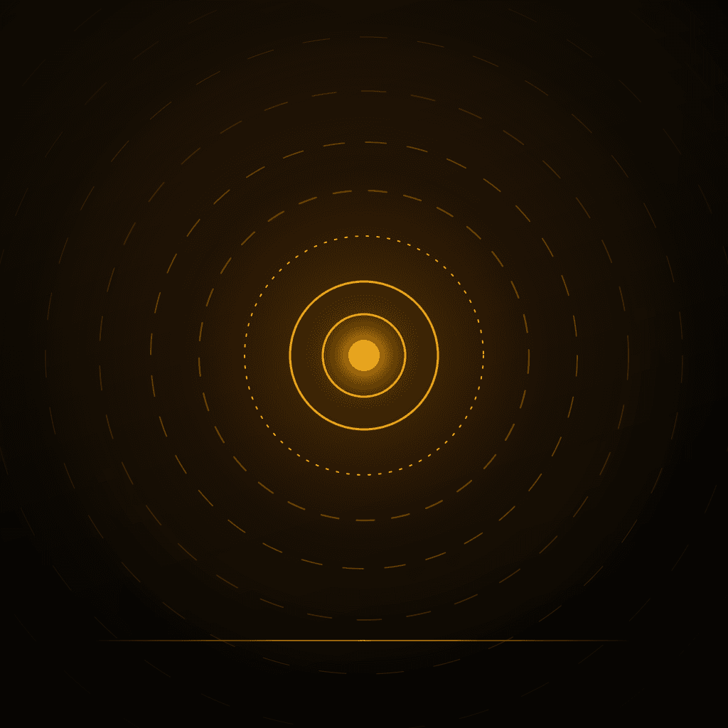 Concentric rings spreading outward from a single point, becoming broken and faint beyond a dashed boundary